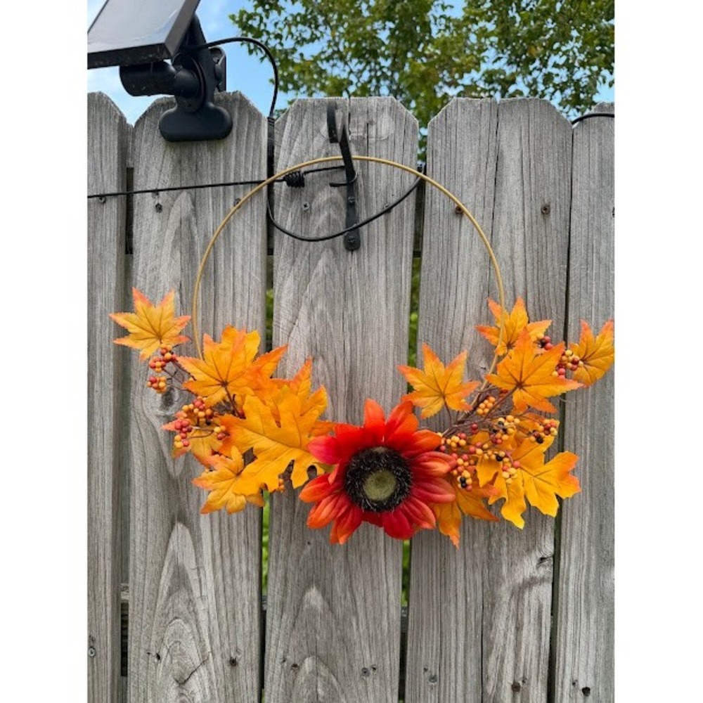 Fall Autumn Harvest Unbranded Hoop Wreath OS Orange Sunflower Maple Leaf Rustic